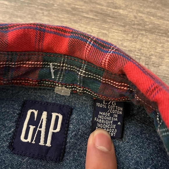 GAP Denim Shirt with Red Plaid Collar - Picture 3 of 3